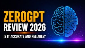 Wide 16:9 ZeroGPT Review 2026 thumbnail with the headline “ZEROGPT REVIEW 2026 — IS IT ACCURATE AND RELIABLE?” beside a glowing blue half-digital, half-human brain logo on a dark neon blue and purple background.