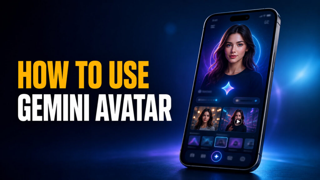 Wide cinematic thumbnail with the headline “How to Use Gemini Avatar” beside a smartphone displaying a personalized AI avatar and generated photo and video previews, set against a blue and purple Gemini-inspired background.