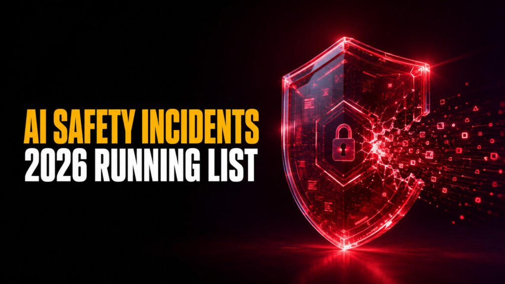Fello AI article thumbnail with the headline “AI SAFETY INCIDENTS / 2026 RUNNING LIST” beside a glowing red cybersecurity shield breaking apart and leaking digital data against a dark red-black background.
