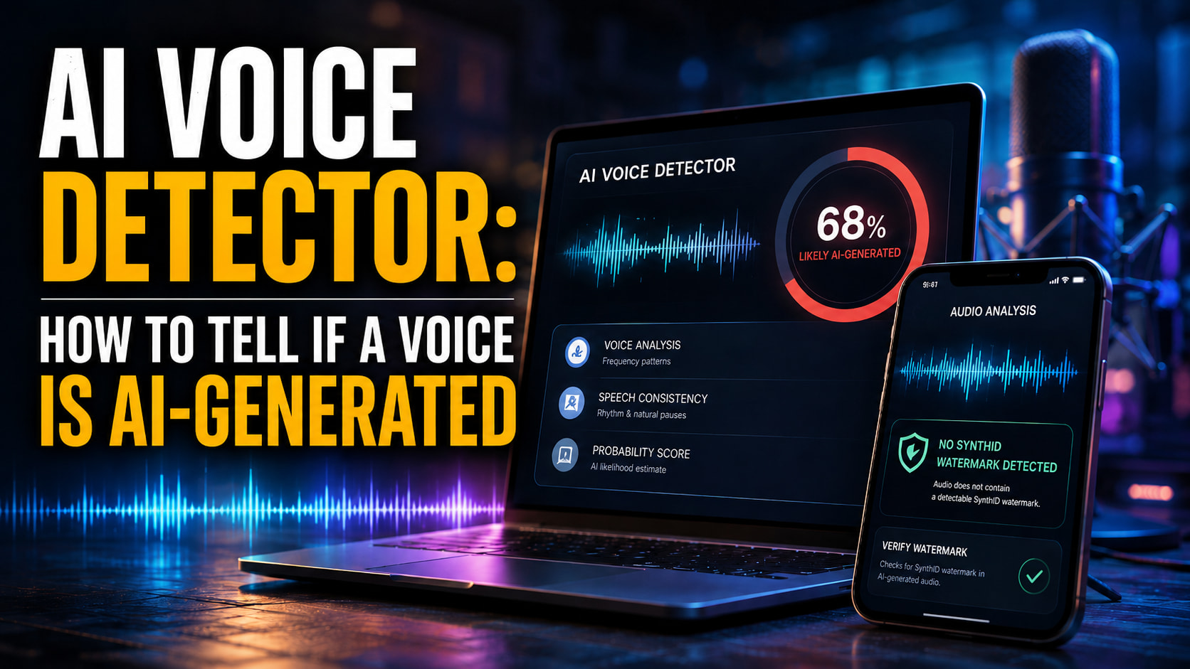 Wide cinematic thumbnail with the headline “AI Voice Detector: How to Tell If a Voice Is AI-Generated” beside a laptop and smartphone analyzing audio waveforms, AI probability scores and SynthID watermark status in a neon-lit recording studio.