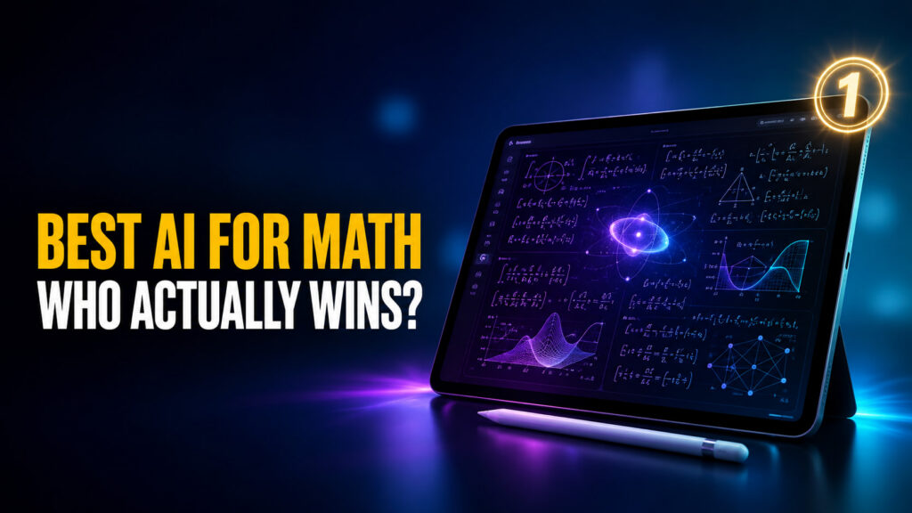 Best AI for Math: Who Actually Wins? shown beside a glowing tablet displaying equations, graphs, and an AI-powered math workspace, with a gold number one badge in a cinematic blue and purple tech setting.