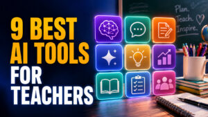9 Best AI Tools for Teachers displayed beside a colorful grid of generic AI and education icons in a modern classroom setting.