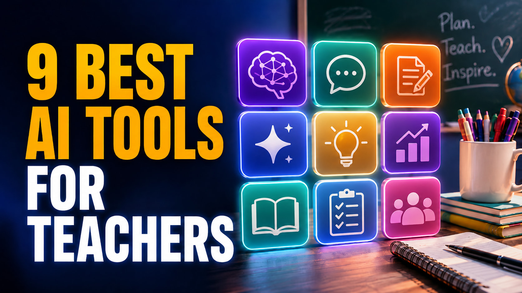 9 Best AI Tools for Teachers displayed beside a colorful grid of generic AI and education icons in a modern classroom setting.