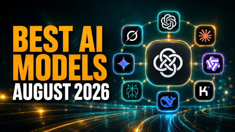 Fello AI thumbnail reading “BEST AI MODELS – AUGUST 2026,” featuring the Fello AI logo at the center of a glowing network of ChatGPT, Claude, Gemini, Qwen, Kimi, Perplexity and DeepSeek logos on a cinematic teal and gold background.