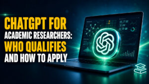 Wide cinematic thumbnail with the headline “ChatGPT for Academic Researchers: Who Qualifies and How to Apply” beside a glowing ChatGPT logo on a MacBook displaying abstract scientific charts, set against a dark teal research-themed background.