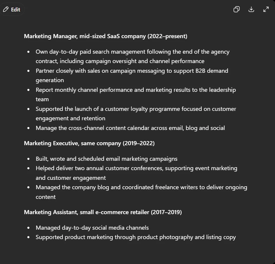 ChatGPT's rewritten resume experience section, preserving the original wording 'Supported the launch of a customer loyalty programme' with no invented metrics.
