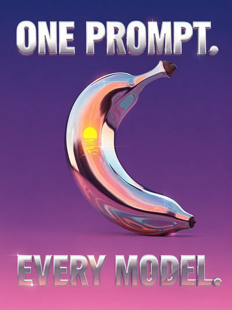A vertical poster reading ONE PROMPT. above EVERY MODEL. in chrome type, with a glass banana holding a small glowing sun inside it, on a lilac to pink gradient, generated by FLUX.2