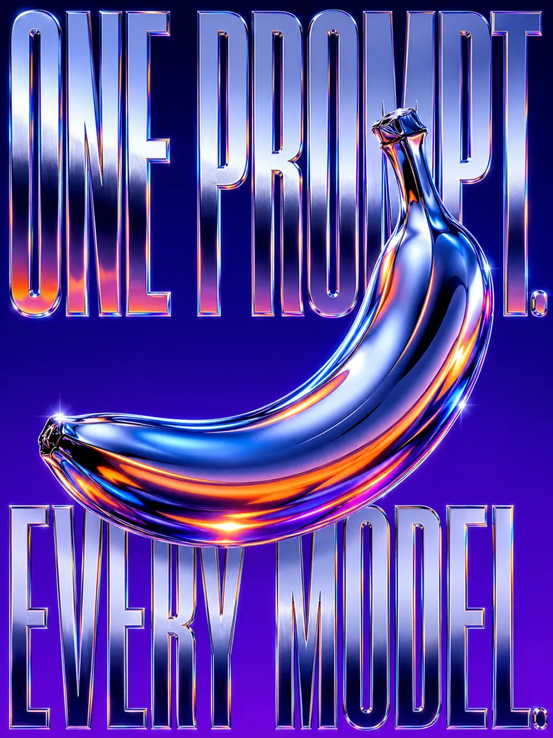 A vertical poster with ONE PROMPT. and EVERY MODEL. in giant chrome type filling the frame edge to edge, a mirror-finish chrome banana crossing over the letters against an electric violet background, generated by GPT Image 2