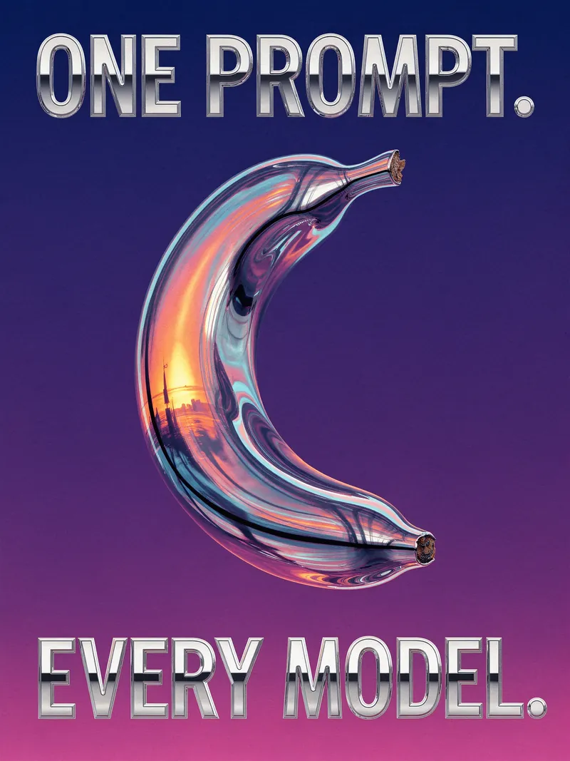 A vertical poster reading ONE PROMPT. above EVERY MODEL. in outlined silver type, with a transparent glass banana reflecting a sunset skyline, on a purple to magenta gradient, generated by Seedream 5