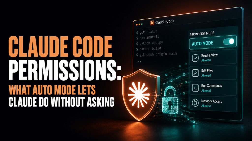 Fello AI article thumbnail for “Claude Code Permissions: What Auto Mode Lets Claude Do Without Asking,” featuring a warm orange Claude Code interface, Auto Mode highlighted on a MacBook, and a friendly futuristic robot on a dark brown-black background.