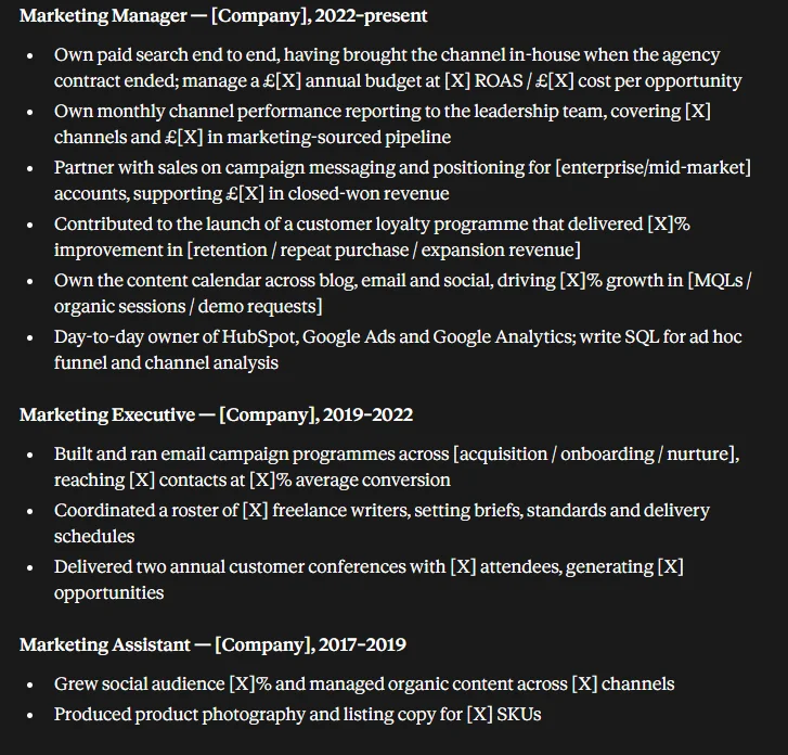 Claude's rewritten resume experience section, leaving every missing figure as a bracketed X placeholder instead of inventing a number.