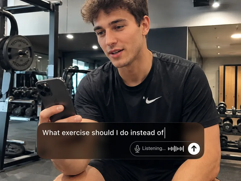 A man at the gym holds his iPhone and speaks a question, What exercise should I do instead of, into Fello AI while the app shows the Listening voice dictation state