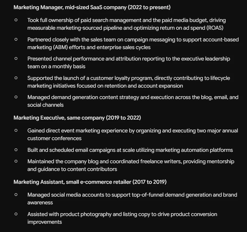 Gemini's rewritten resume experience section, adding account-based marketing, attribution reporting and paid media budget ownership that the source resume never mentioned.