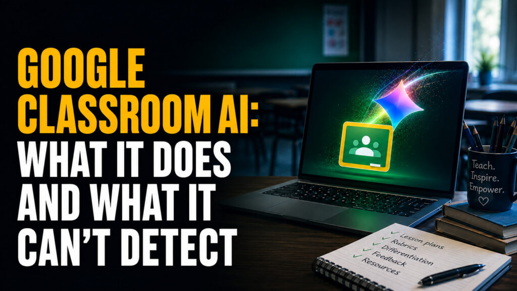 Google Classroom AI: What It Does and What It Can’t Detect, shown beside a laptop displaying Google Classroom and Gemini imagery in a dark classroom setting.