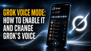 Wide cinematic thumbnail with the headline “Grok Voice Mode: How to Enable It and Change Grok’s Voice” beside a smartphone showing Grok’s voice settings, waveform, voice options and microphone controls, with a glowing Grok logo on a dark blue cinematic background.