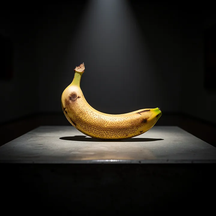 A heavily speckled overripe banana on a wide concrete plinth in a dark room, generated by FLUX.2 from a shared test prompt