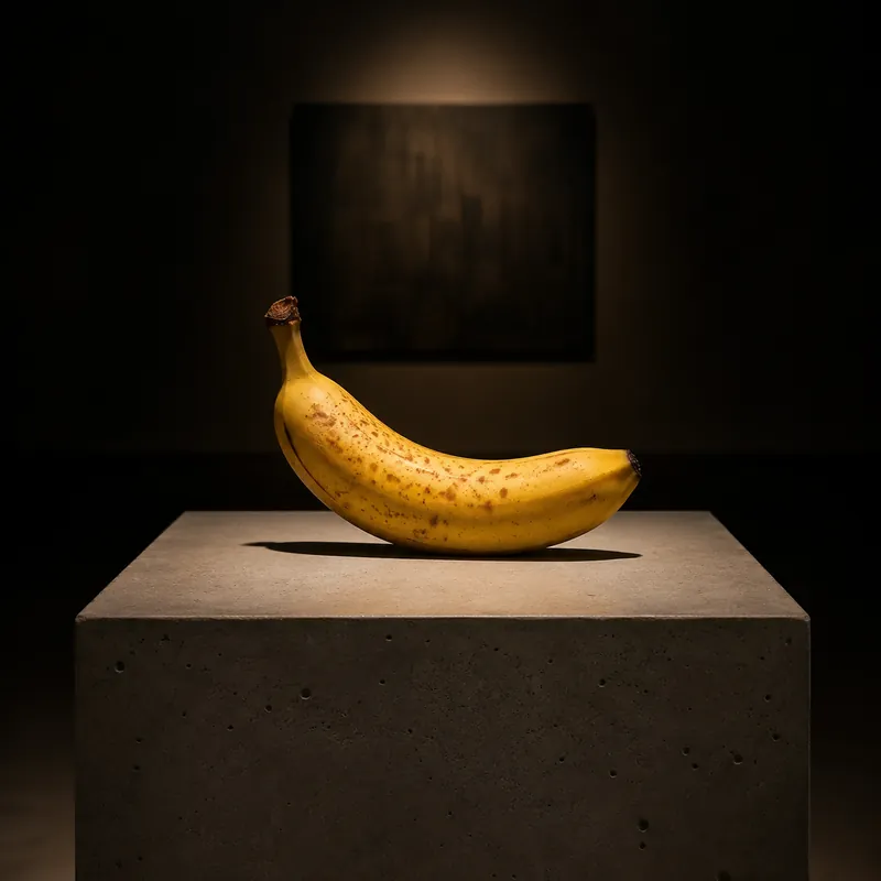 A ripe banana on a concrete plinth in a warmly lit gallery room with a framed canvas on the back wall, generated by GPT Image 2 from a shared test prompt