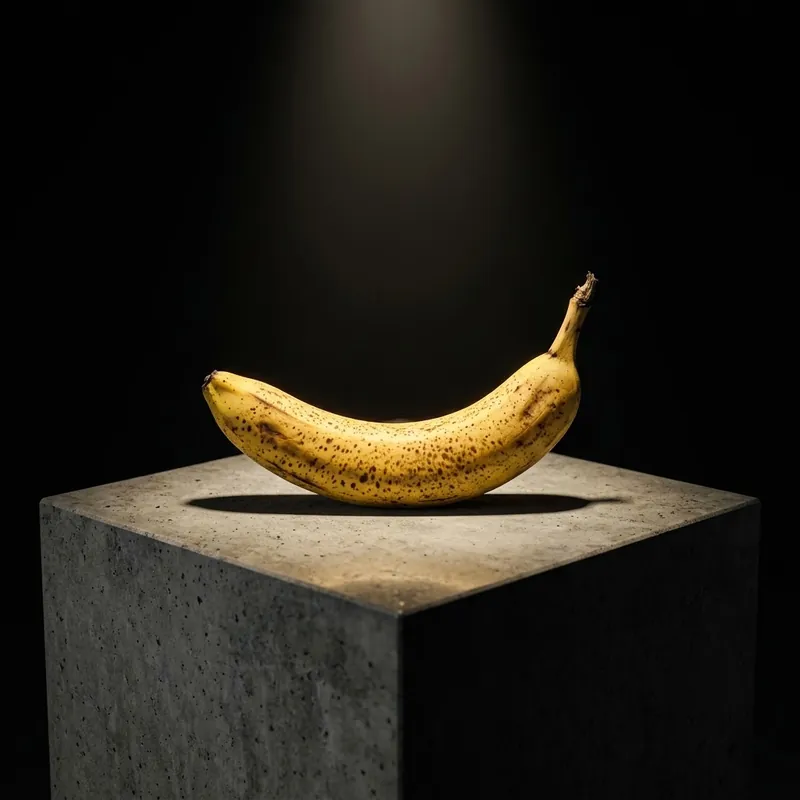 A ripe banana on a grey concrete plinth under a single overhead spotlight, generated by Nano Banana 2 from a shared test prompt