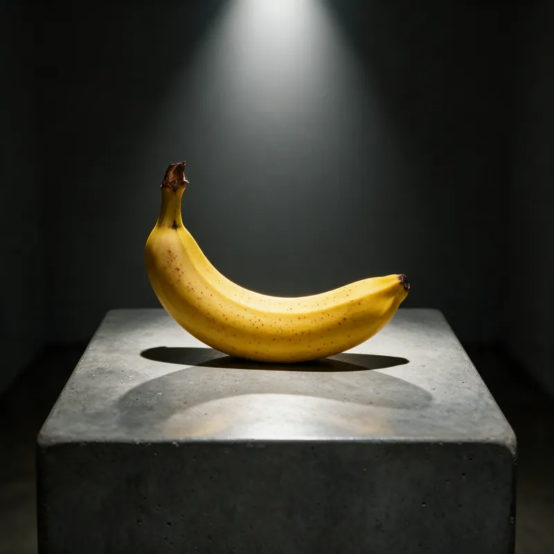 A ripe banana on a pale concrete plinth under a visible cone of spotlight, generated by Seedream 5 from a shared test prompt