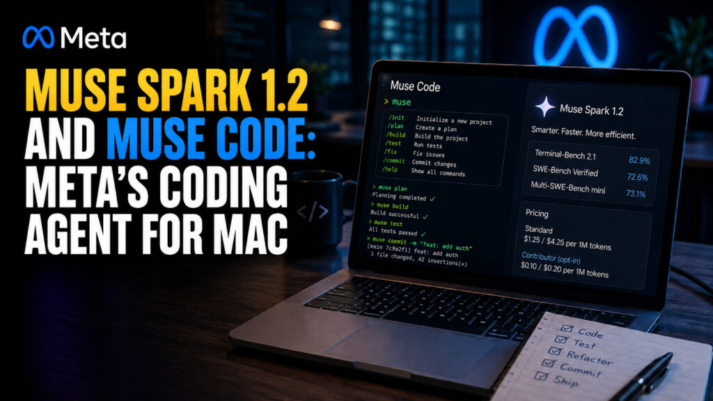 Muse Spark 1.2 and Muse Code: Meta’s coding agent for Mac, shown on a MacBook running a dark terminal interface with coding commands, benchmarks, and pricing information in a cinematic blue tech workspace.