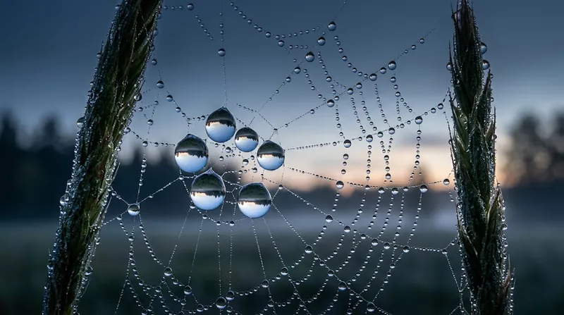 Extreme macro of a dew-covered spiderweb at dawn, each droplet refracting an inverted landscape against a blue-grey sky