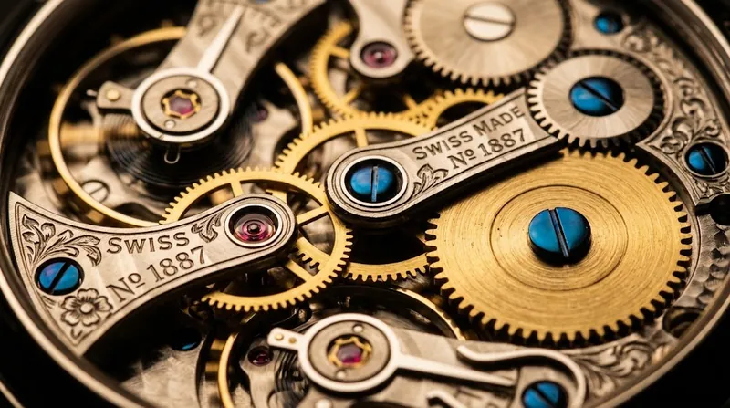 Extreme macro of a mechanical watch movement, gold gears, blued screws and ruby jewels, with SWISS No 1887 engraved into a polished bridge
