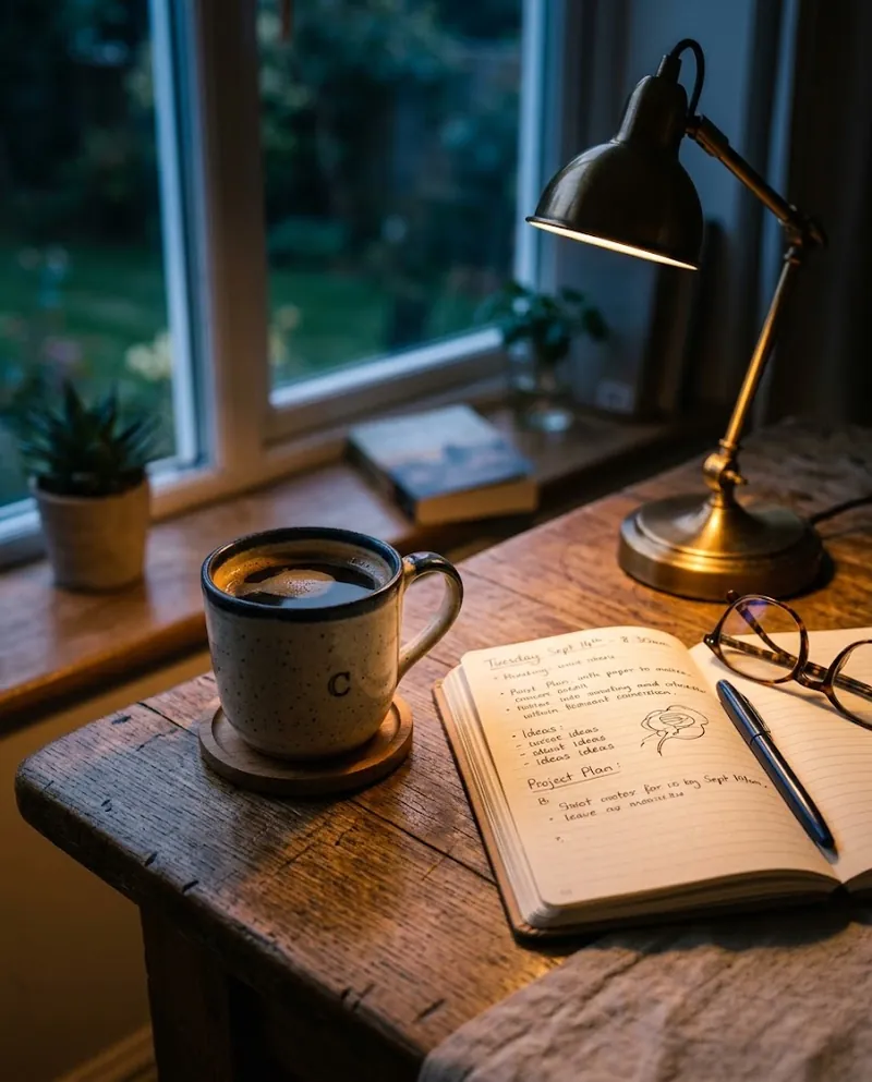 The same mug, coaster, notebook, glasses and pen on the same desk in the evening, lit by a brass desk lamp with the garden dark outside