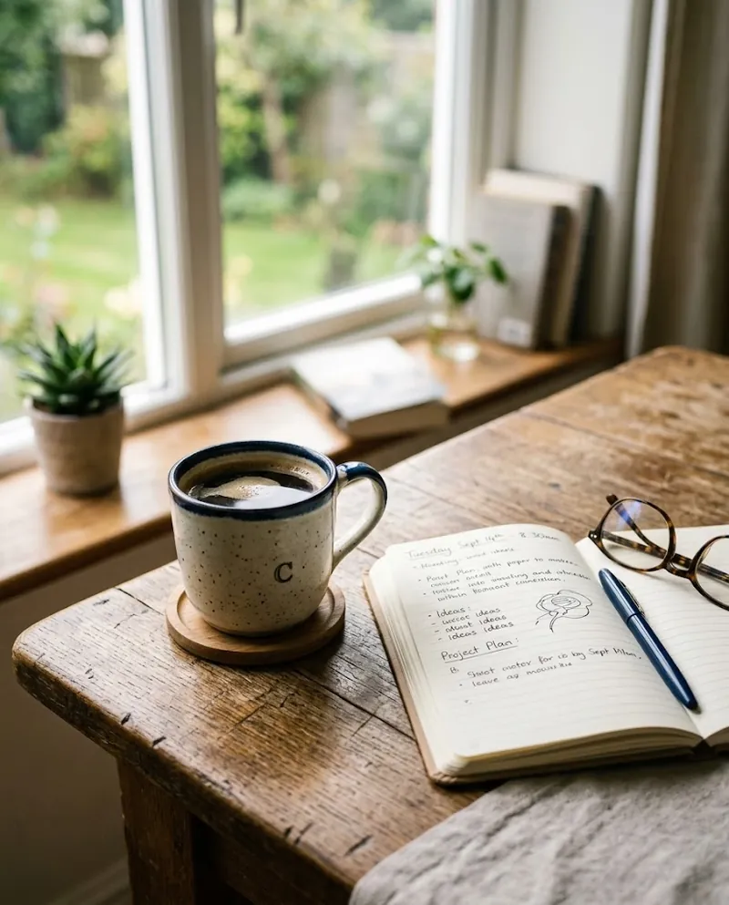 A speckled ceramic mug of coffee on a wooden coaster beside an open handwritten notebook, glasses and a pen on a wooden desk, lit by soft morning light from the window behind