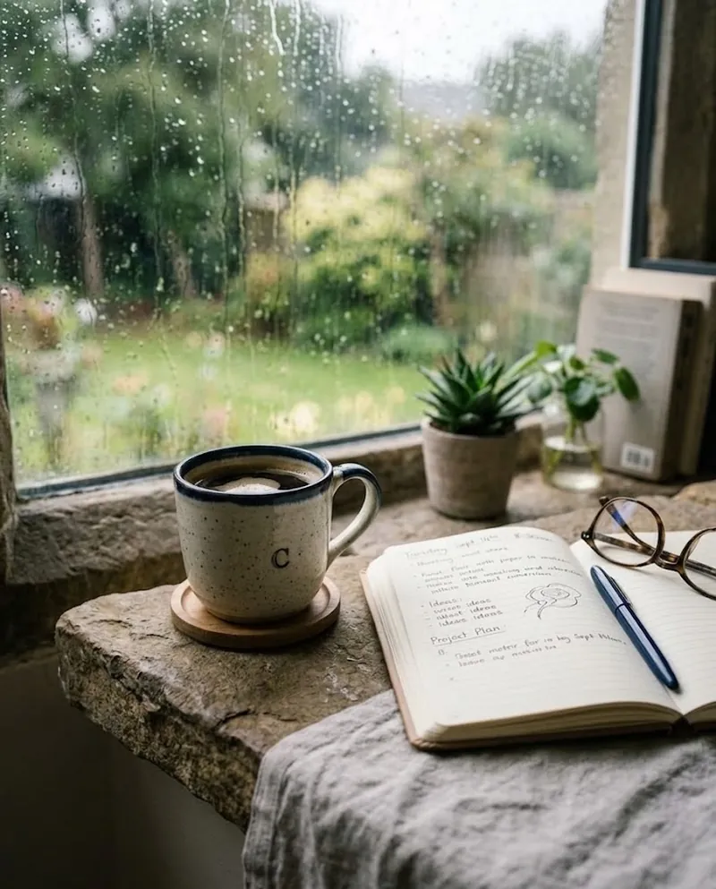 The same mug, coaster, notebook, glasses and pen moved to a stone windowsill, with rain running down the window behind them