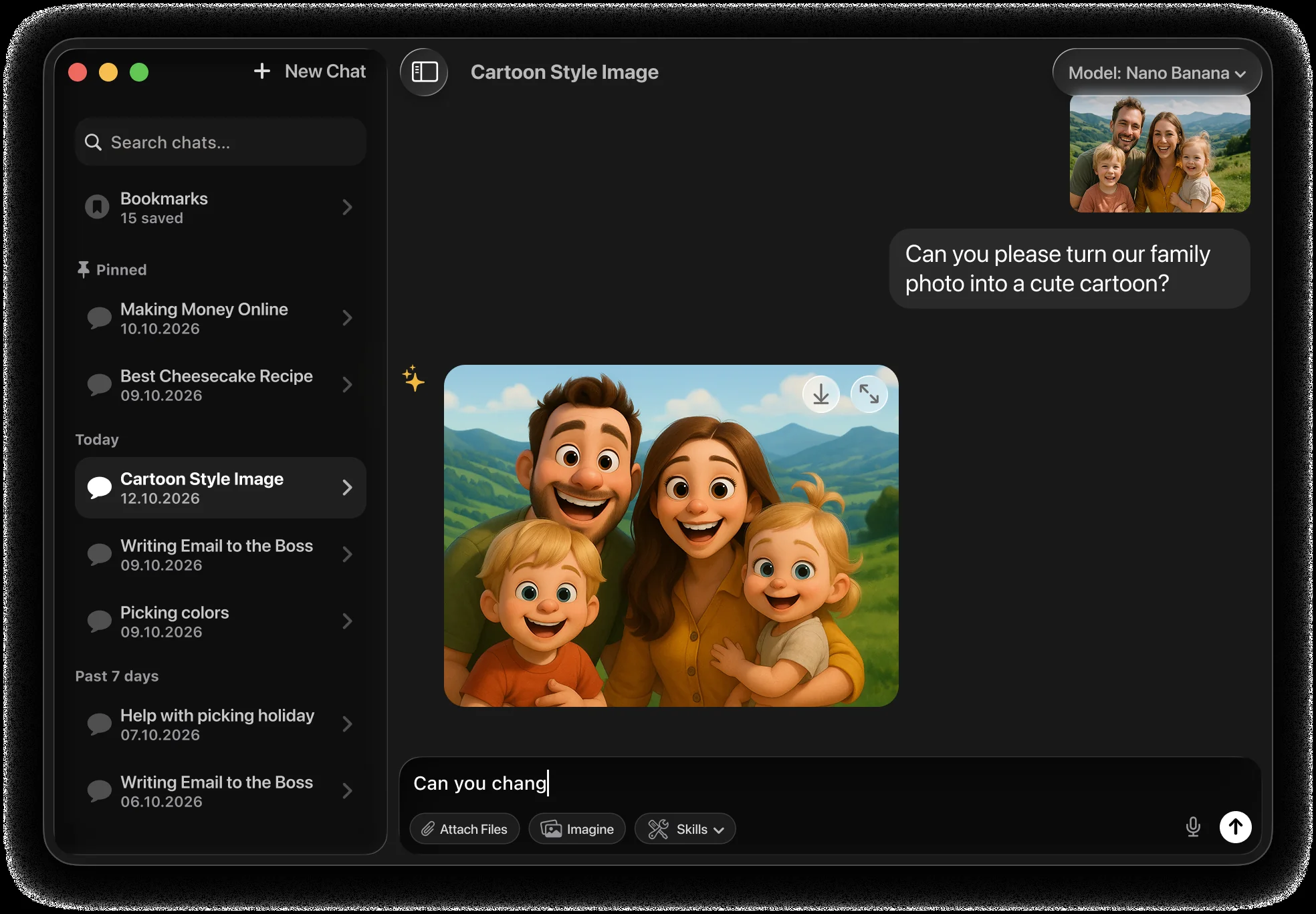 The Fello AI app window on macOS with Nano Banana selected in the model picker, turning an uploaded family photo into a cartoon illustration of the same four people