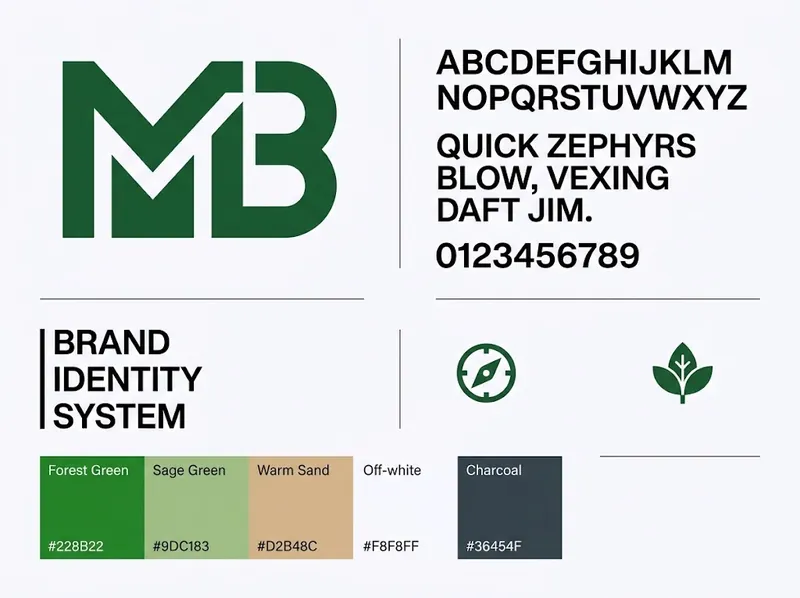 A flat brand identity sheet with a green MB monogram, an uppercase alphabet specimen, two leaf icons and a labelled colour palette with hex codes