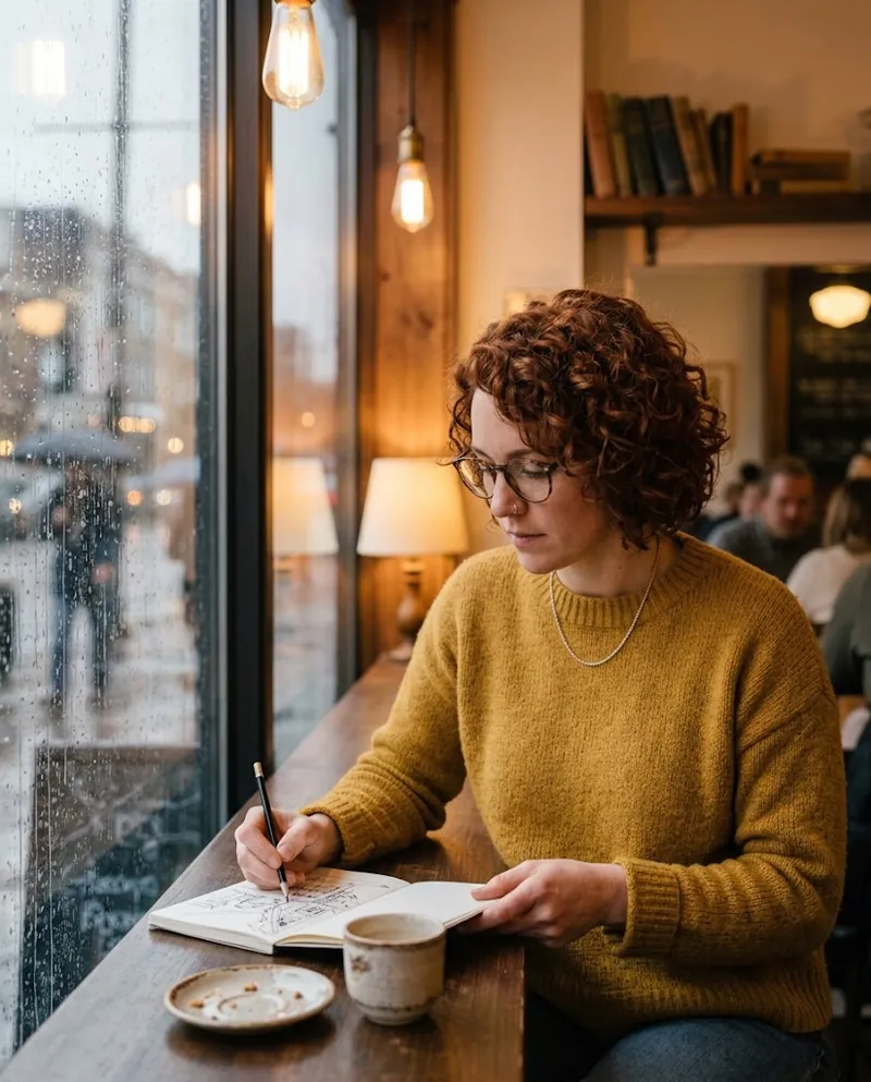 The same illustrator in the same mustard sweater and glasses, sketching at a cafe counter beside a rain-streaked window
