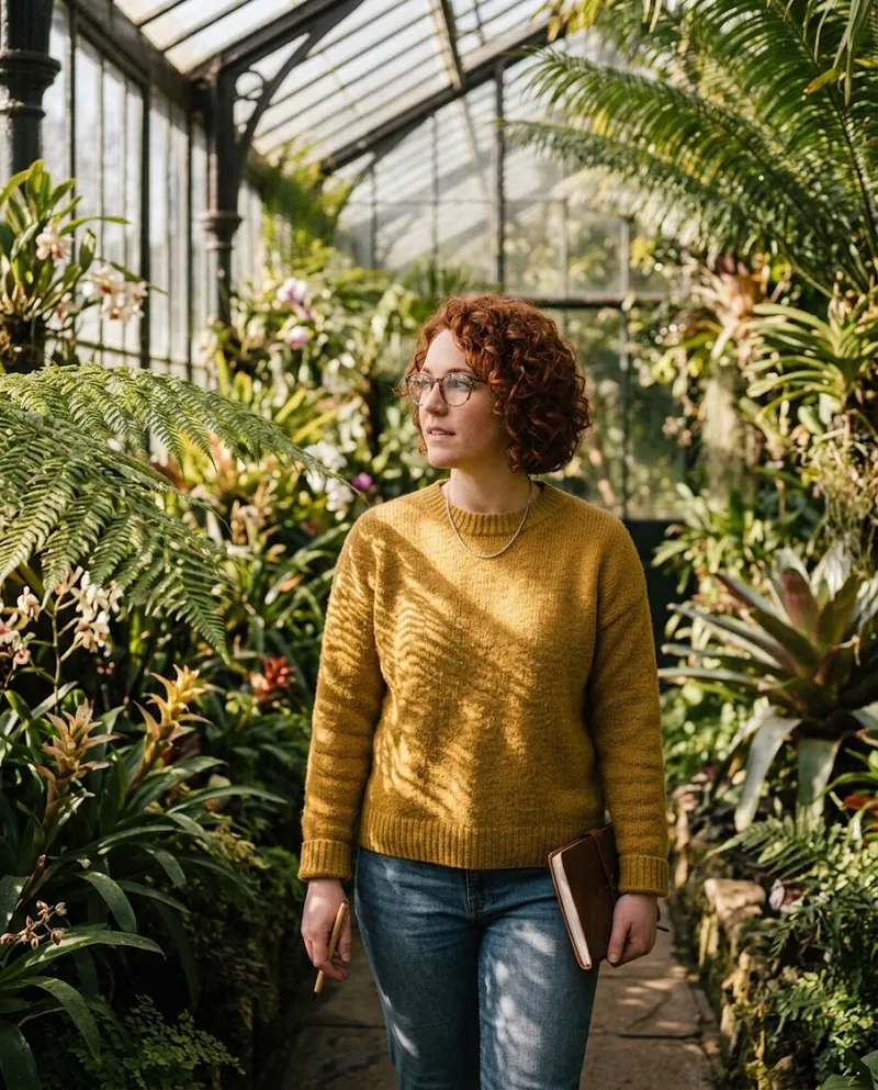 The same illustrator walking through a sunlit Victorian greenhouse full of ferns and orchids, still in the mustard sweater and glasses