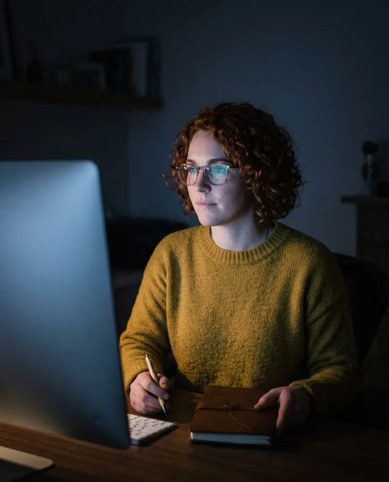 The same illustrator at a desk at night, her face lit only by the cool glow of a computer monitor