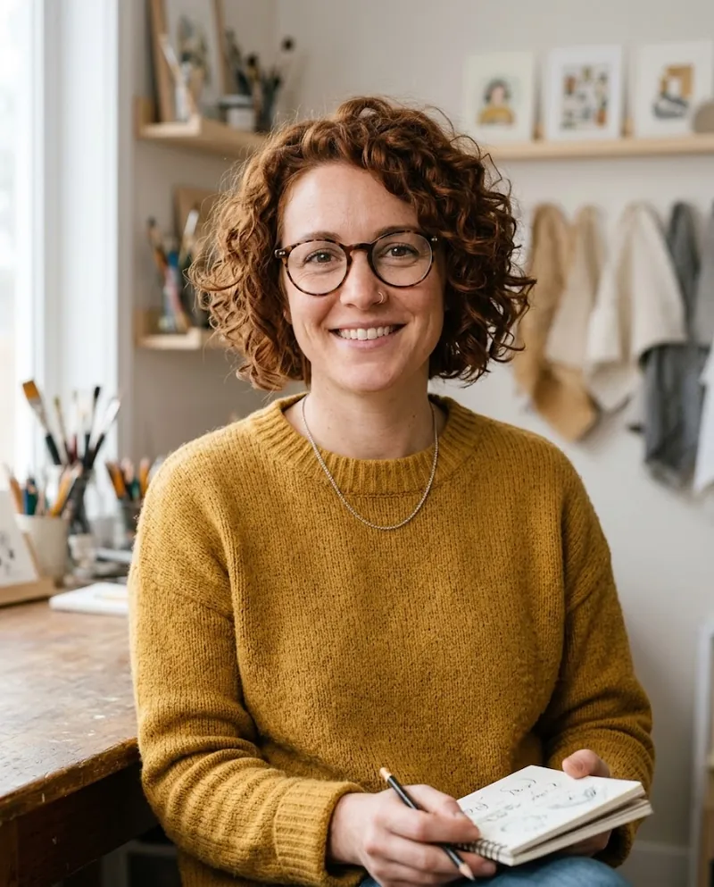 An illustrator with short curly auburn hair, round tortoiseshell glasses and a mustard knit sweater smiling in a bright art studio, holding a sketchbook