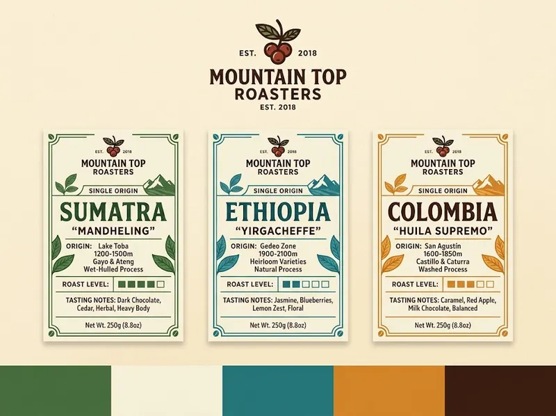 A flat packaging sheet for Mountain Top Roasters with three coffee bag labels for Sumatra, Ethiopia and Colombia, each listing origin, altitude, process, a roast level meter and tasting notes, above a four-colour palette strip