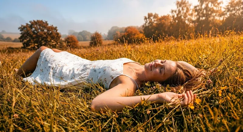 The same woman in the same dress and pose in the same meadow, edited to late autumn with amber grass, golden light and mist