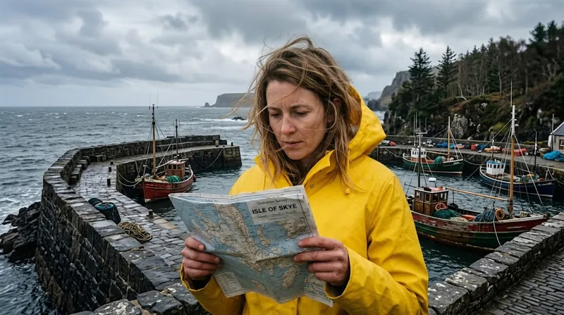 The same woman and map in a widescreen frame, now standing on a stone harbour wall with fishing boats moored on both sides