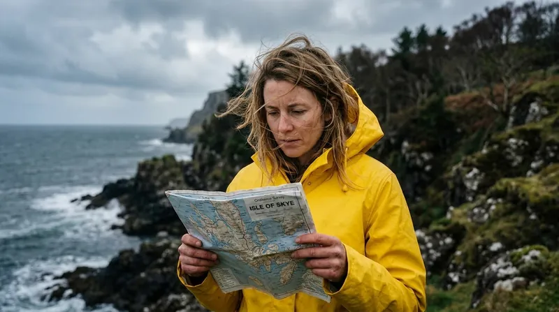 La même femme dans le même imperméable jaune et la même pose consultant sa carte Ordnance Survey de l'Isle of Skye, maintenant dans un cadre cinémascope qui révèle la mer grise agitée, les falaises et le littoral rocheux de Skye de chaque côté d'elle