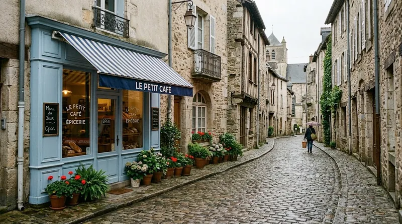 The same cobbled street with the red van gone, the cobblestones and a row of flower pots running unbroken along the shopfront