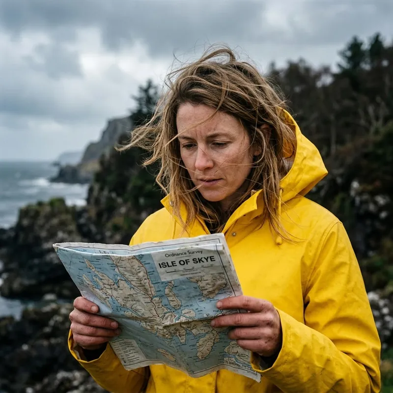 A square close-up of a woman in a yellow raincoat reading an Ordnance Survey map of the Isle of Skye, with cliffs and a grey sea blurred behind her