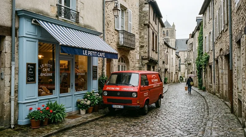 A rainy cobbled street in a French old town, with a pale blue shopfront reading LE PETIT CAFÉ under a striped awning and a red delivery van parked in front of it