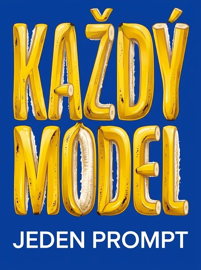 The same banana-peel poster translated to Czech, reading KAZDY MODEL above JEDEN PROMPT, with the layout and colours unchanged