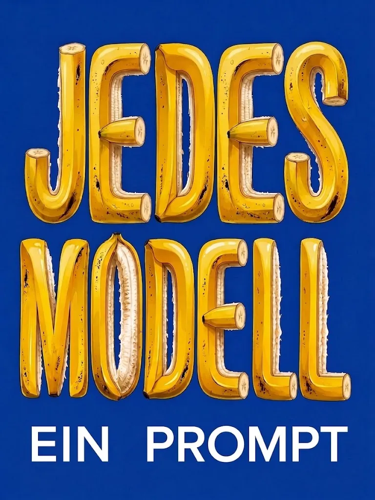 The same banana-peel poster translated to German, reading JEDES MODELL above EIN PROMPT, with the layout and colours unchanged