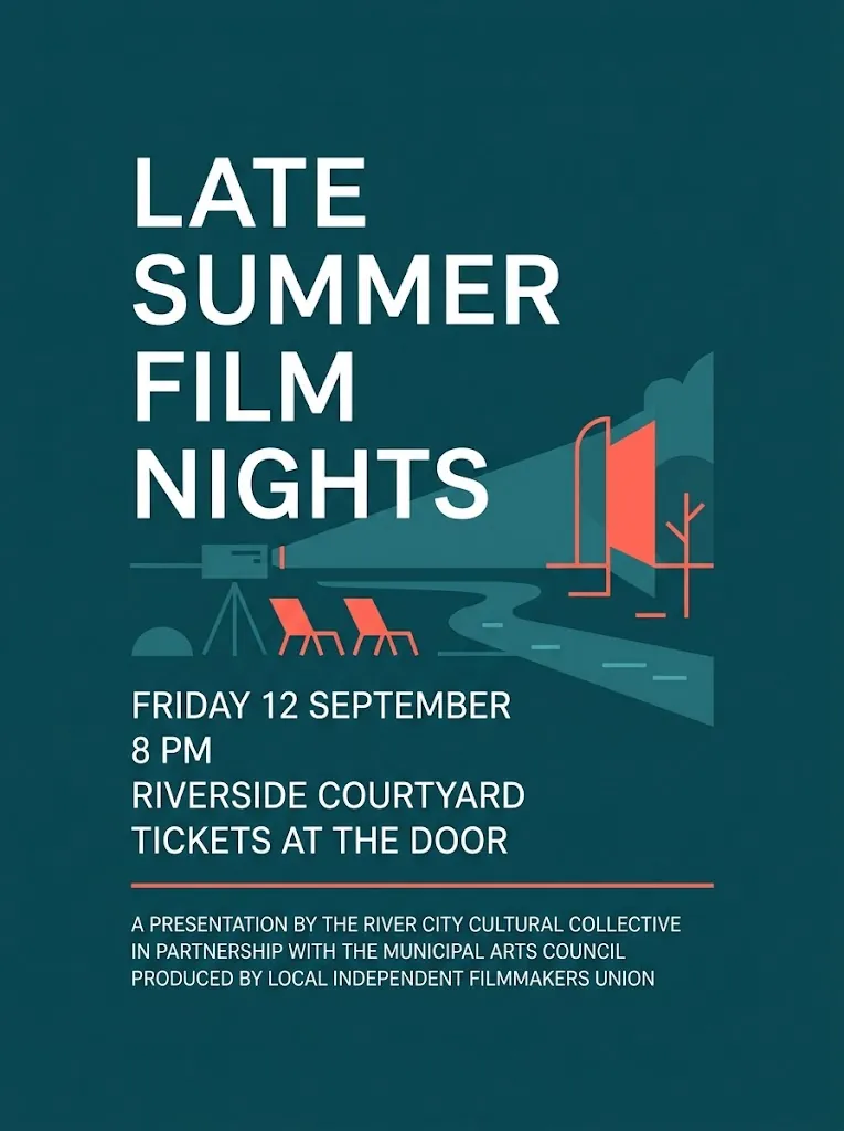 A flat teal event poster reading LATE SUMMER FILM NIGHTS in white type, with a line-drawn outdoor projector and screen, the lines FRIDAY 12 SEPTEMBER, 8 PM, RIVERSIDE COURTYARD, TICKETS AT THE DOOR, and a three-line credits block underneath