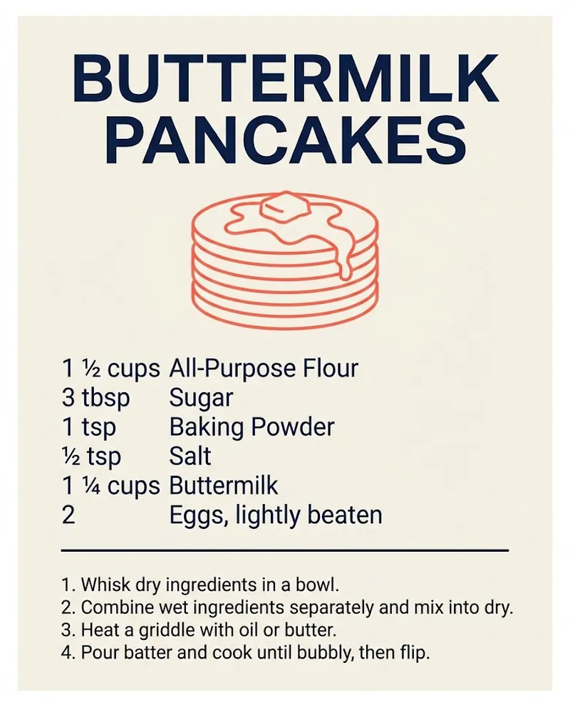 A flat cream recipe card headed BUTTERMILK PANCAKES in navy type, with a line drawing of a pancake stack, a six-line ingredients list with fractional quantities, and four numbered method steps