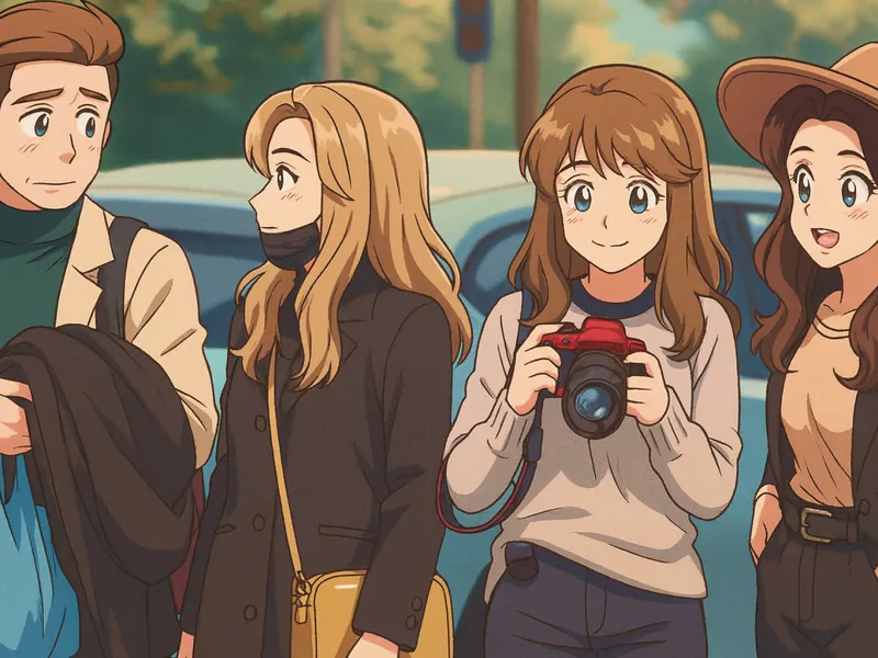 Un groupe d'amis redessiné dans un style anime doux, l'un tenant un appareil photo