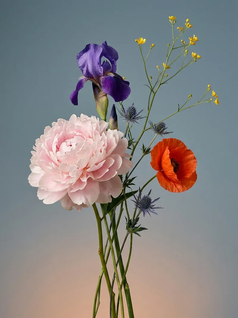 Une composition minimaliste en studio avec une pivoine rose, un iris violet et un coquelicot orange sur un fond dégradé doux