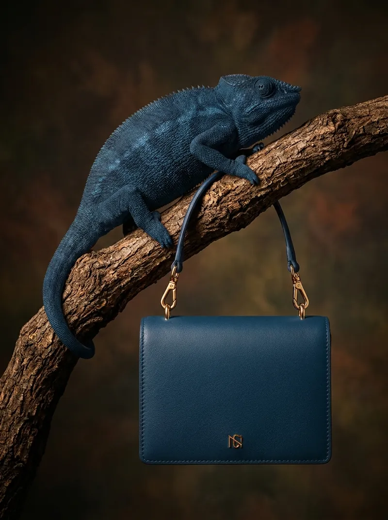 Un caméléon bleu sur une branche à côté d'un sac à main en cuir marine exactement de la même couleur