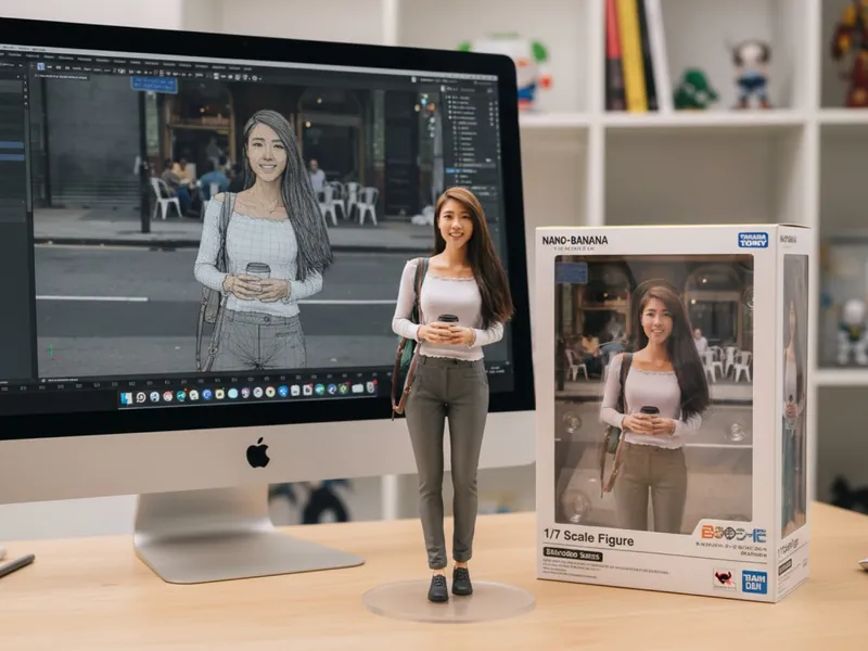 La photo d'une personne transformée en figurine de collection en boîte posée sur un bureau à côté de son emballage